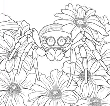 Load image into Gallery viewer, Black and white spider and flowers coloring page
