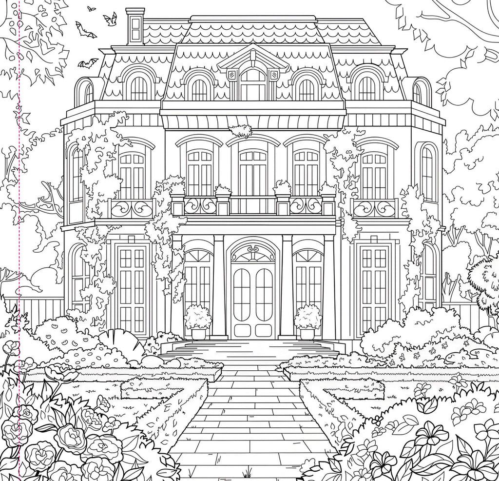 Line drawing of a large mansion with detailed architecture and garden.
