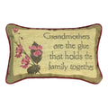 Decorative pillow with floral design and text on a beige background