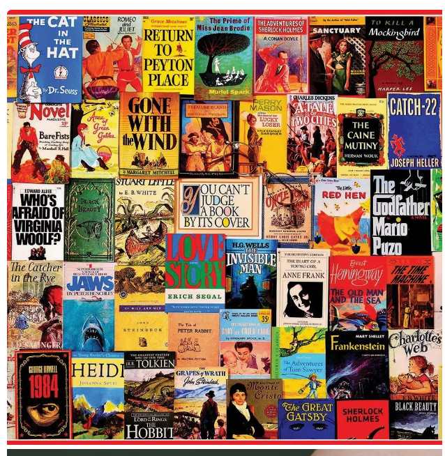 Collage of various book covers from famous novels and movies.