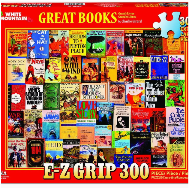 Jigsaw puzzle box featuring covers of famous books with a colorful design.