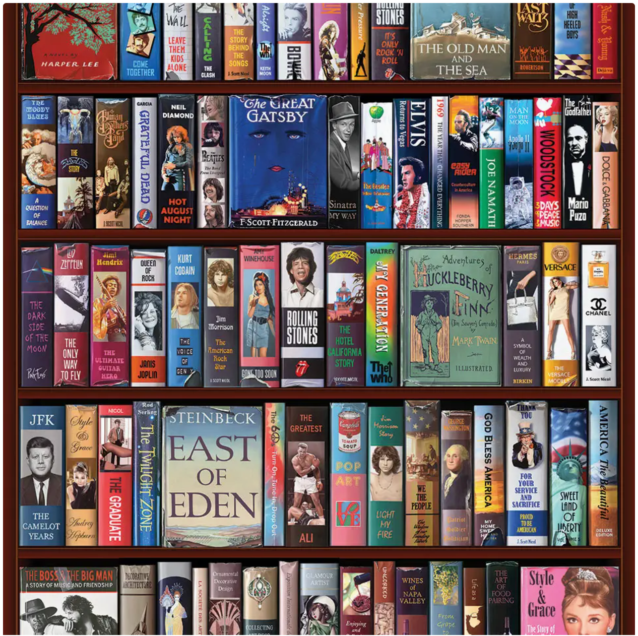 Bookshelf with a collection of books, including 'The Great Gatsby' and 'East of Eden'.