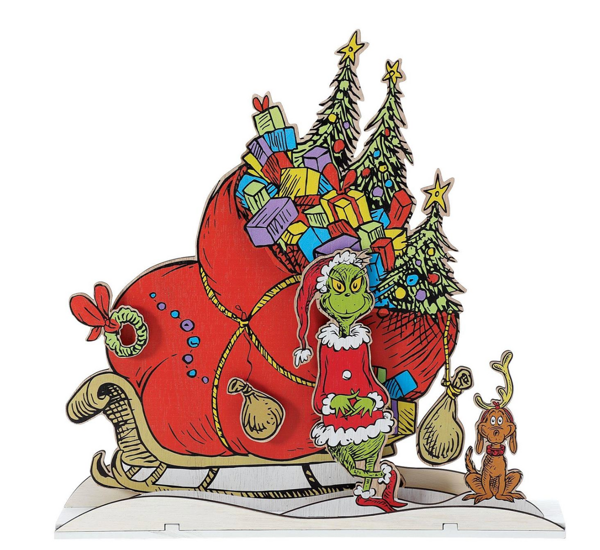 Illustration of the Grinch with a sleigh and Christmas tree on a white background