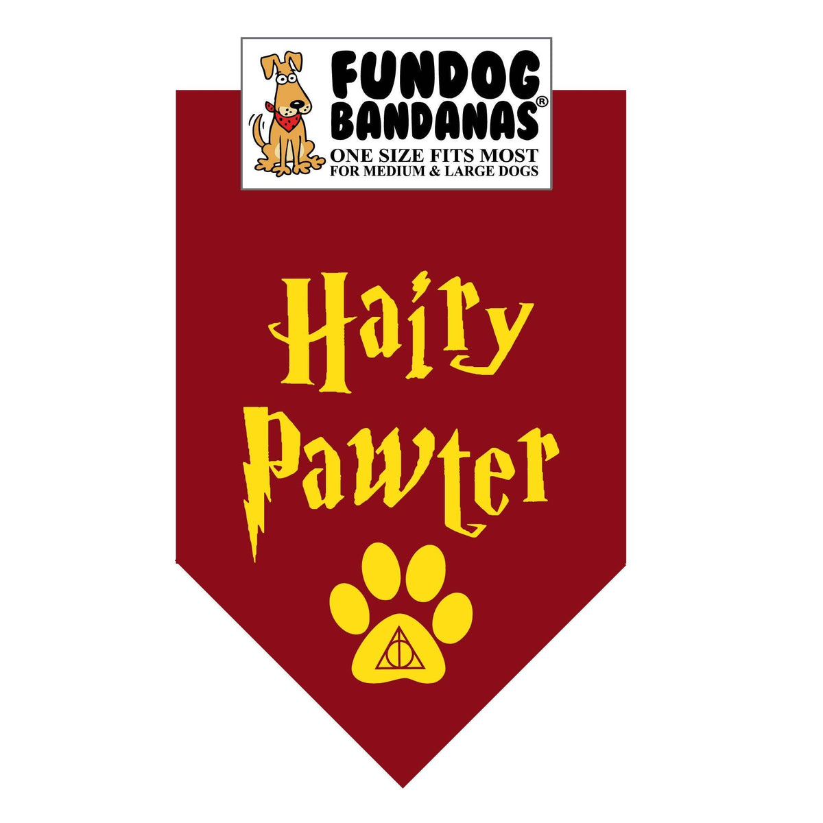 Red dog bandana with 'Hairy Pawter' text and paw print, featuring Fundog Bandanas logo.