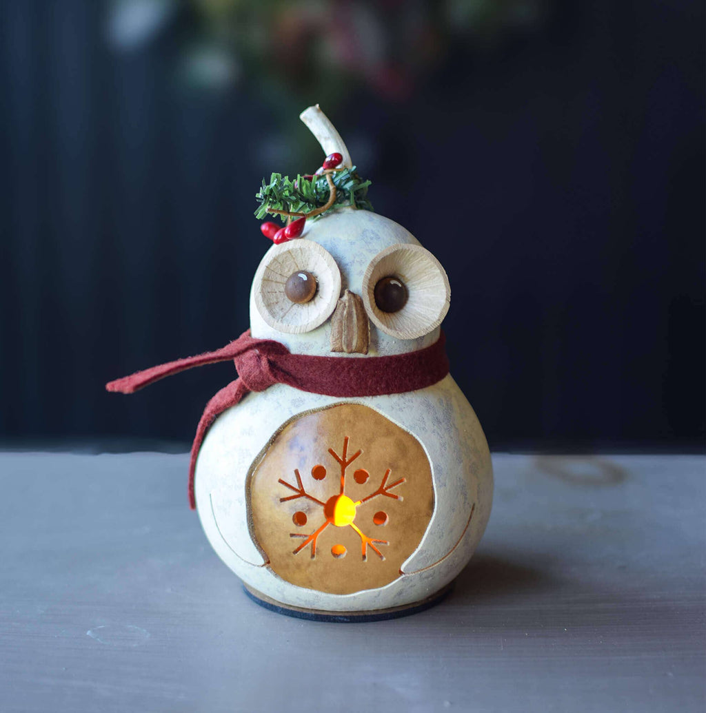 Decorative owl-shaped lantern with a string of lights on a dark background