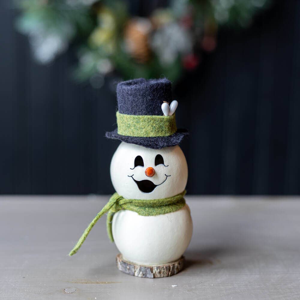 Decorative snowman figurine with a top hat and scarf on a neutral background
