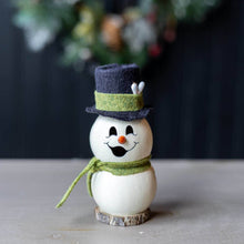 Load image into Gallery viewer, Decorative snowman figurine with a top hat and scarf on a neutral background
