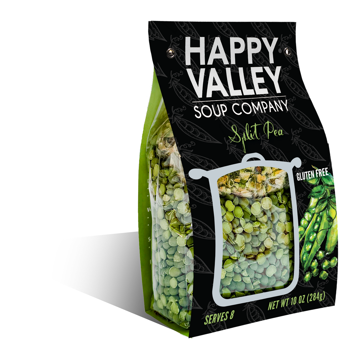 Happy Valley Soup Company split pea soup package on a white background