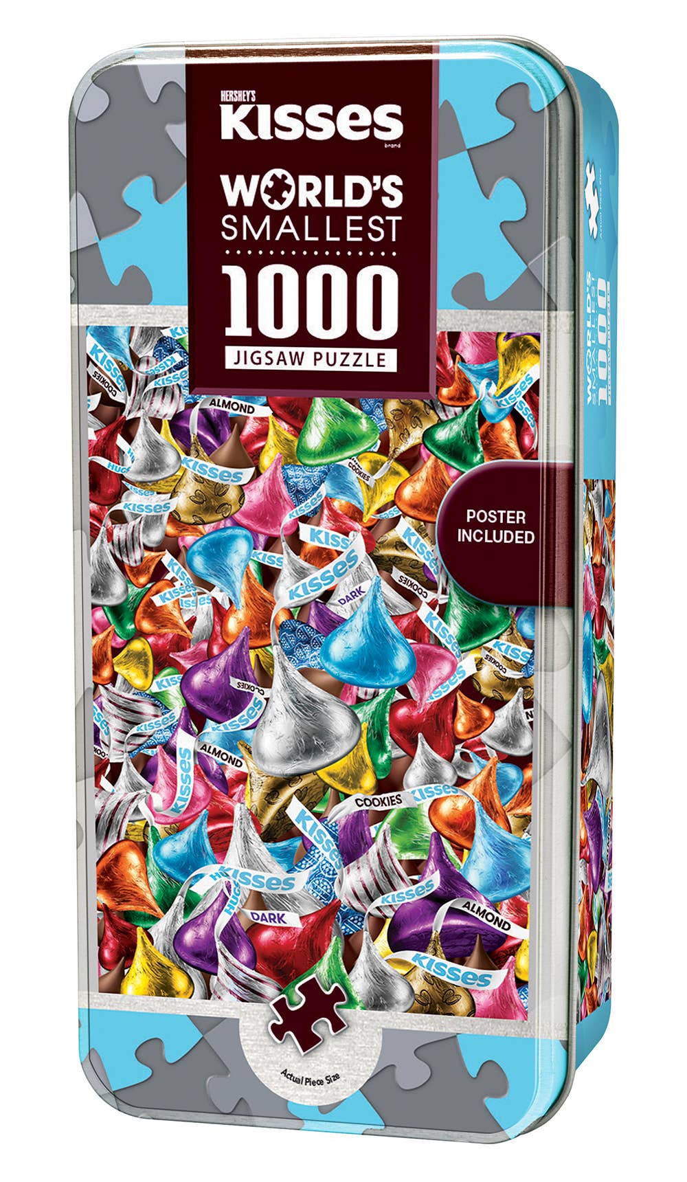 Kisses World's Smallest 1000 Jigsaw Puzzle packaging with colorful Hershey's Kisses design.