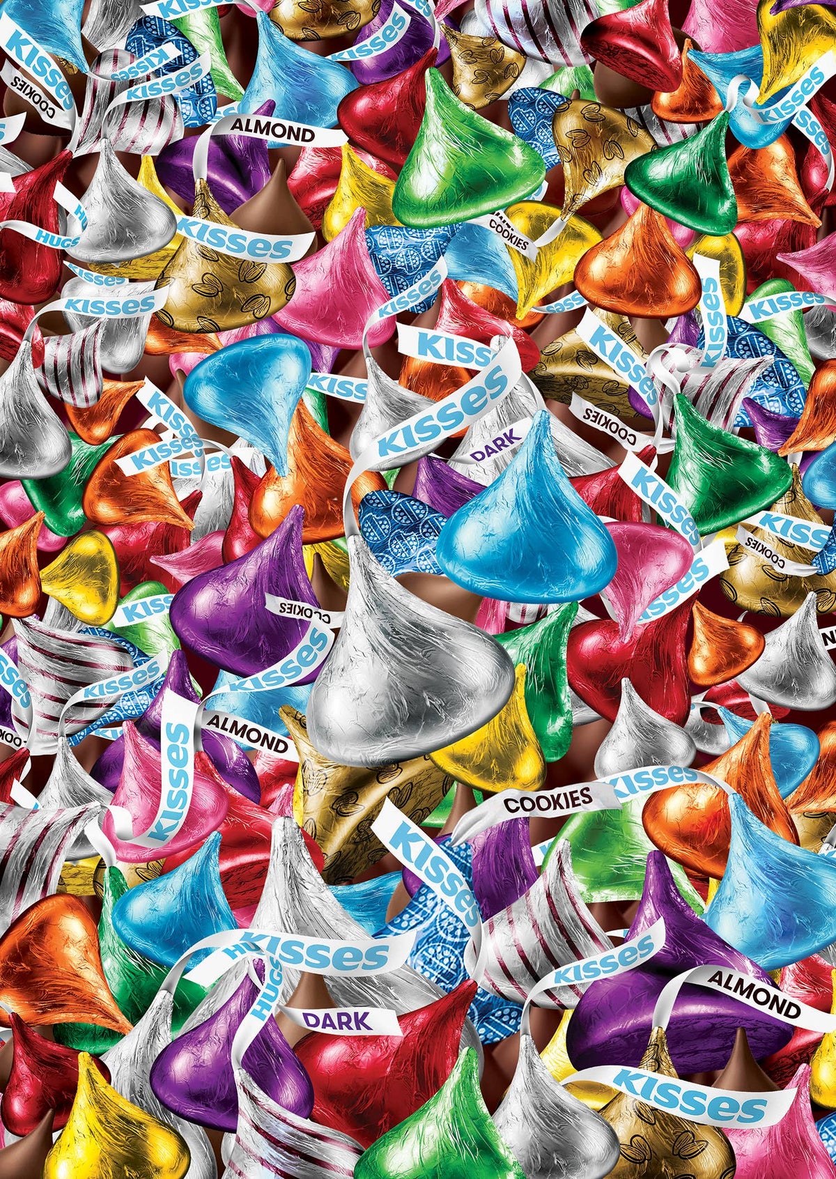 Colorful Hershey's Kisses candies with various flavors on a patterned background