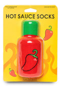 Hot sauce socks packaging with a red hot sauce bottle design on a yellow background