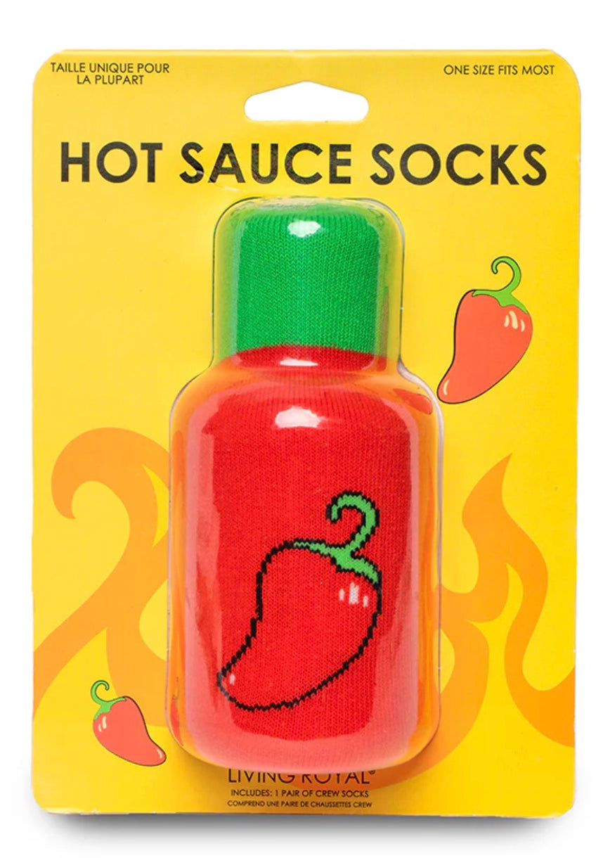 Hot sauce socks packaging with a red hot sauce bottle design on a yellow background