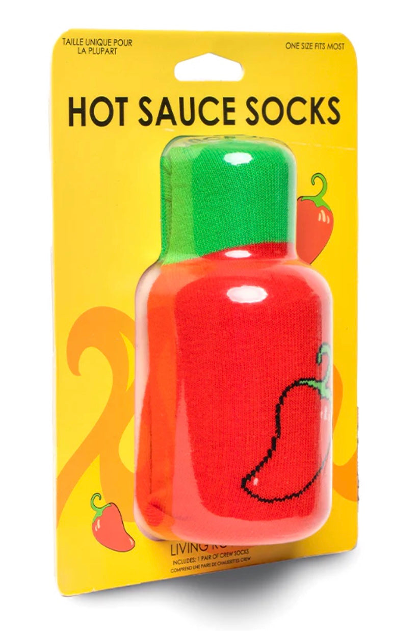 Packaging of hot sauce socks with a yellow background