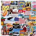 Collage of American-themed images including food, landmarks, and cultural references.