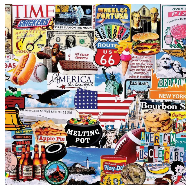 Collage of American-themed images including food, landmarks, and cultural references.