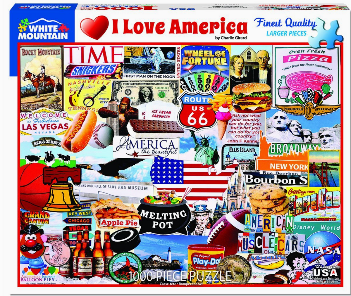 Jigsaw puzzle box featuring various American-themed images and text.