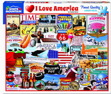 Load image into Gallery viewer, Jigsaw puzzle box featuring various American-themed images and text.
