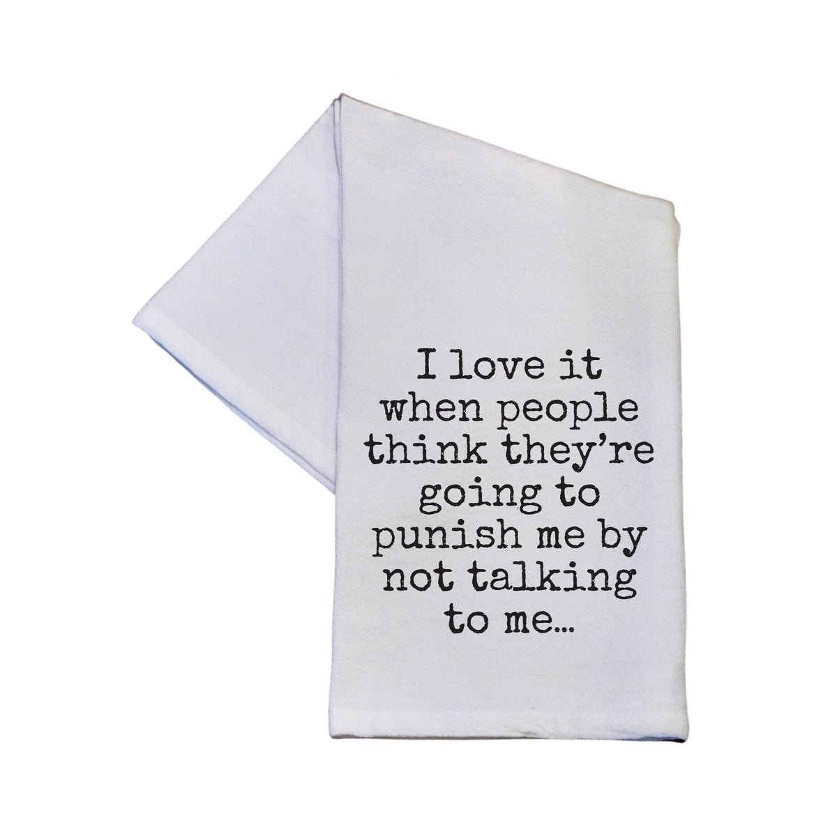 White towel with black text on a white background