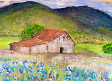Load image into Gallery viewer, Barn with Wildflowers  reclaimed pallet wood painting
