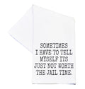 White towel with black text on a white background