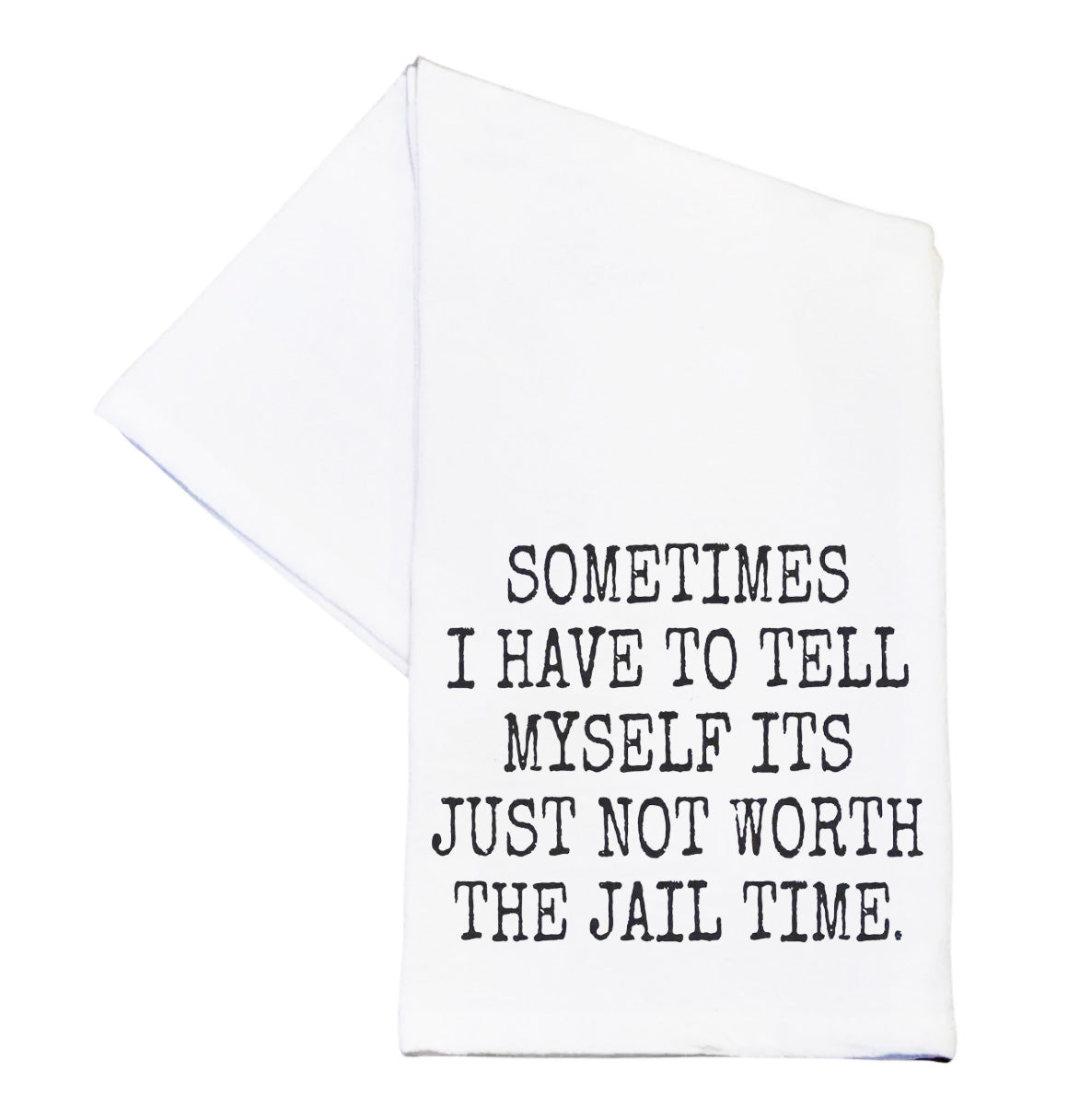 White towel with black text on a white background