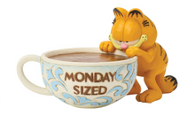 Load image into Gallery viewer, Garfield figurine leaning on a 'Monday Sized' mug with coffee.
