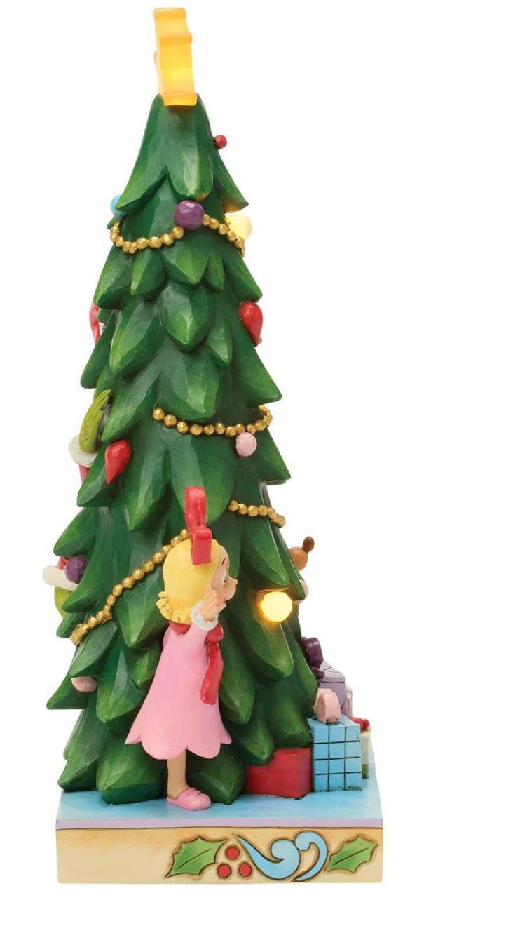 Decorative Christmas tree figurine with a girl and presents on a white background