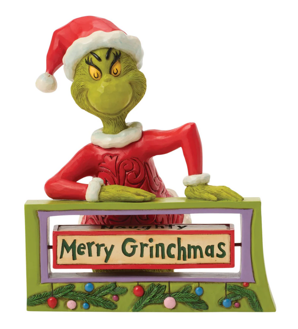 Grinch figurine with 'Merry Grinchmas' sign on a white background
