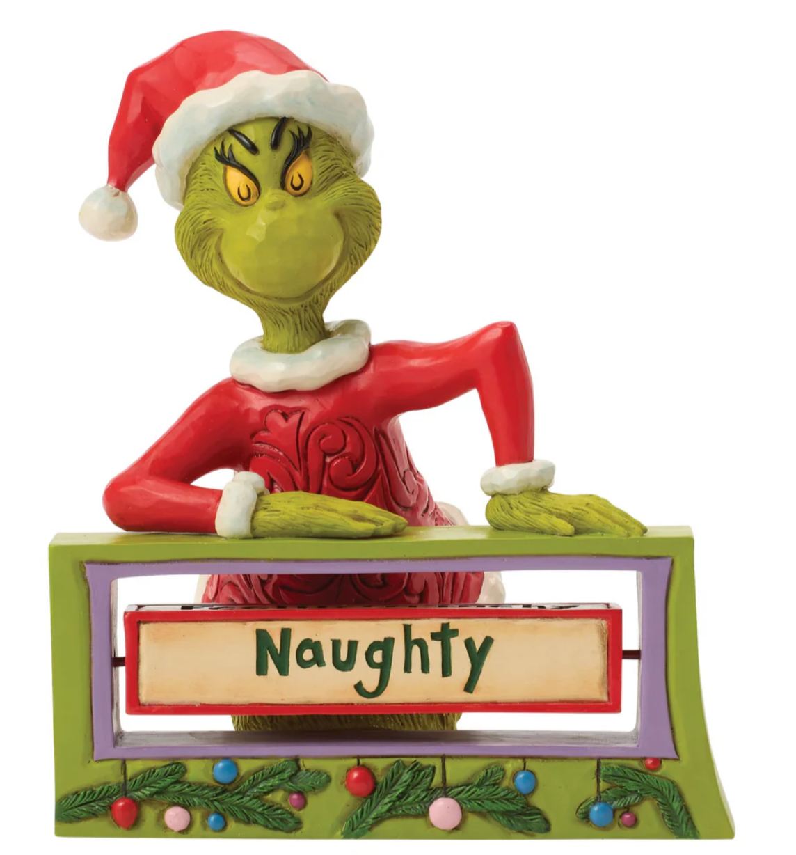 Grinch figurine with a 'Naughty' sign on a white background