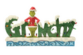Decorative sign with a character in a Santa hat and red outfit standing on letters spelling 'Grinchy'.
