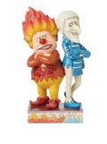 Two animated character figurines, one with a red clown outfit and the other in a blue outfit, on a white background.