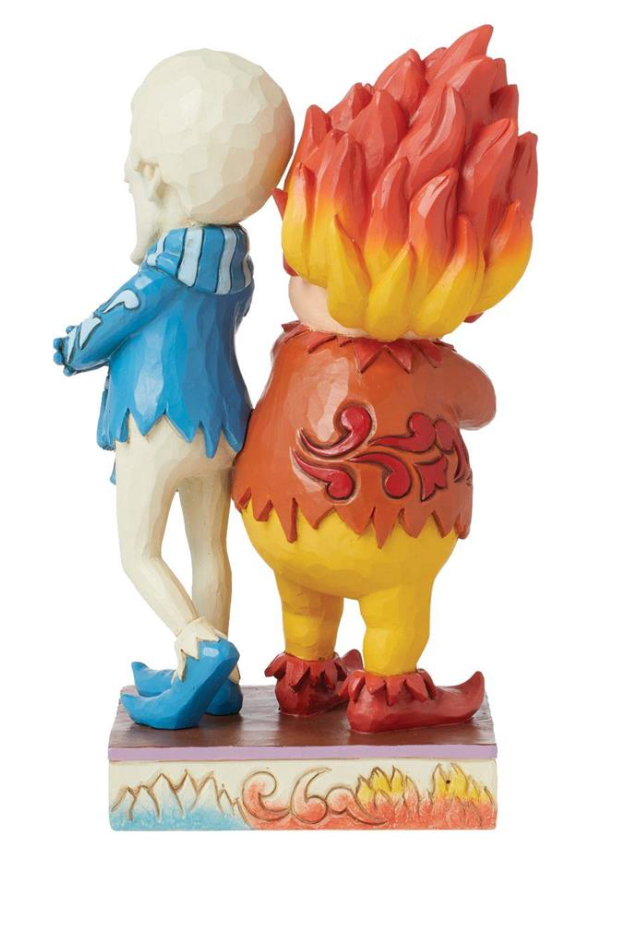 Colorful figurine of a character with a blue jacket and another with a fiery design on a white background