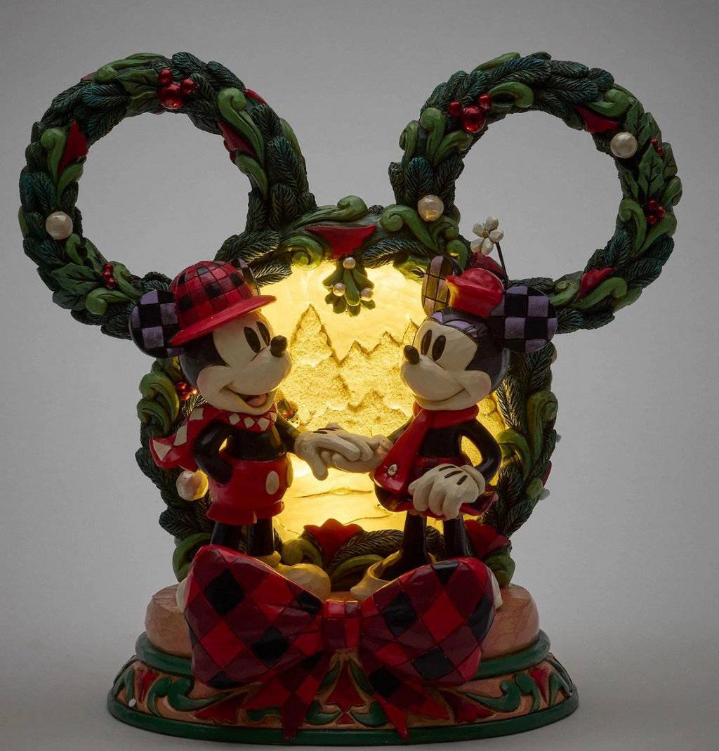 Decorative figurine of Disney's Mickey and Minnie Mouse with Christmas wreaths. LED. Artist Jim Shore.