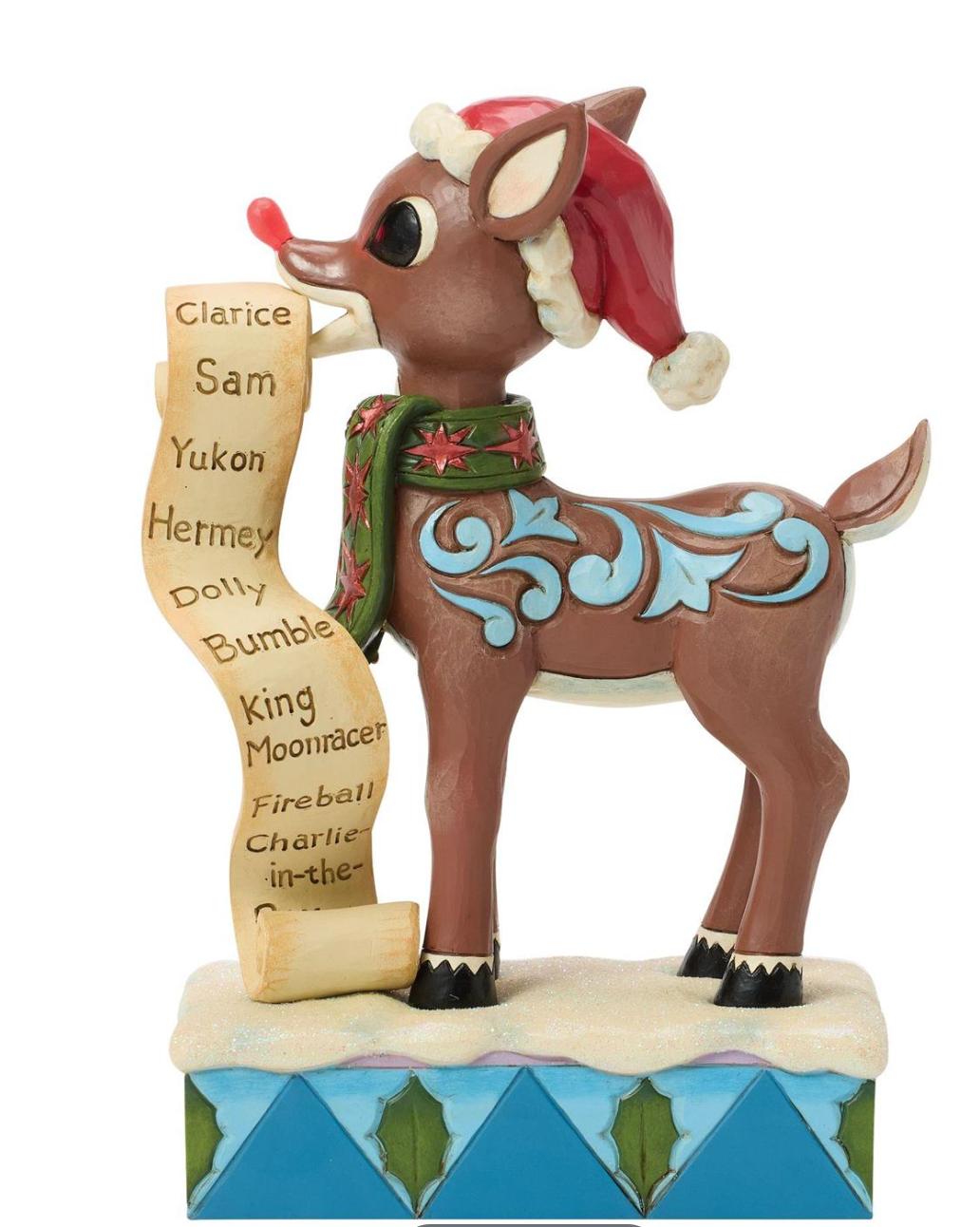 Decorative reindeer figurine with a list of names on a white background