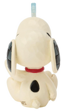 Load image into Gallery viewer, A ceramic figurine of Snoopy sitting down, featuring a cream-colored body, black ears and spot, a red collar, and a light blue plastic straw on top.
