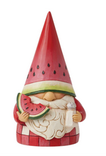 Load image into Gallery viewer, Gnome figurine with watermelon-themed hat and holding a watermelon slice on a white background
