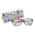 Pair of glasses with a colorful floral case on a white background