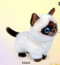A small plush toy kitten named KALIA, featuring a white body with dark brown paws, tail, and face, and large blue eyes, set against a pale yellow gradient background.