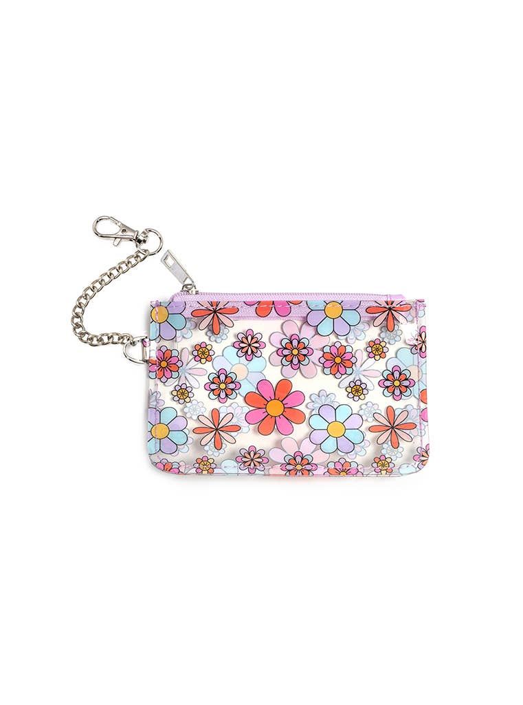 Keychain Pouch - Multi-Colored Retro Flowers - Clear & Lilac 