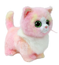 A plush toy kitten with fluffy pastel pink, white, and pale yellow fur, large shiny green eyes, and a small pink nose, photographed on a plain white background.