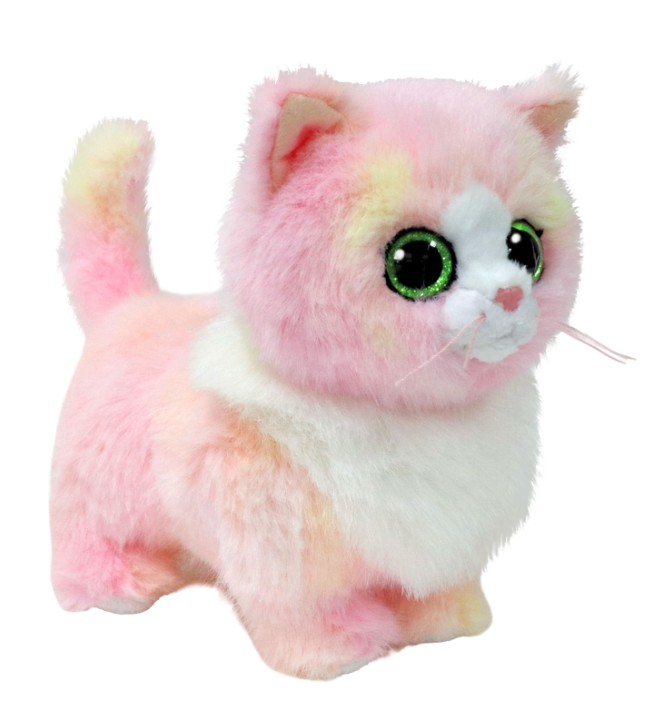 A plush toy kitten with fluffy pastel pink, white, and pale yellow fur, large shiny green eyes, and a small pink nose, photographed on a plain white background.
