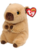 Ty Beanie Boos plush toy of a capybara, featuring light tan fur, dark brown accents on the snout, paws, and feet, and a red heart-shaped Ty Beanie Boos hangtag.