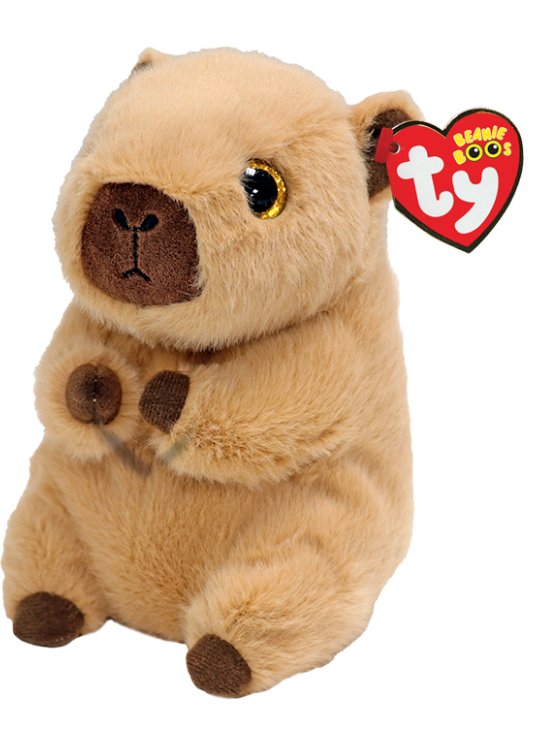 Ty Beanie Boos plush toy of a capybara, featuring light tan fur, dark brown accents on the snout, paws, and feet, and a red heart-shaped Ty Beanie Boos hangtag.