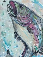 Load image into Gallery viewer, LeapingTrout #6. Original painting on reclaimed wood
