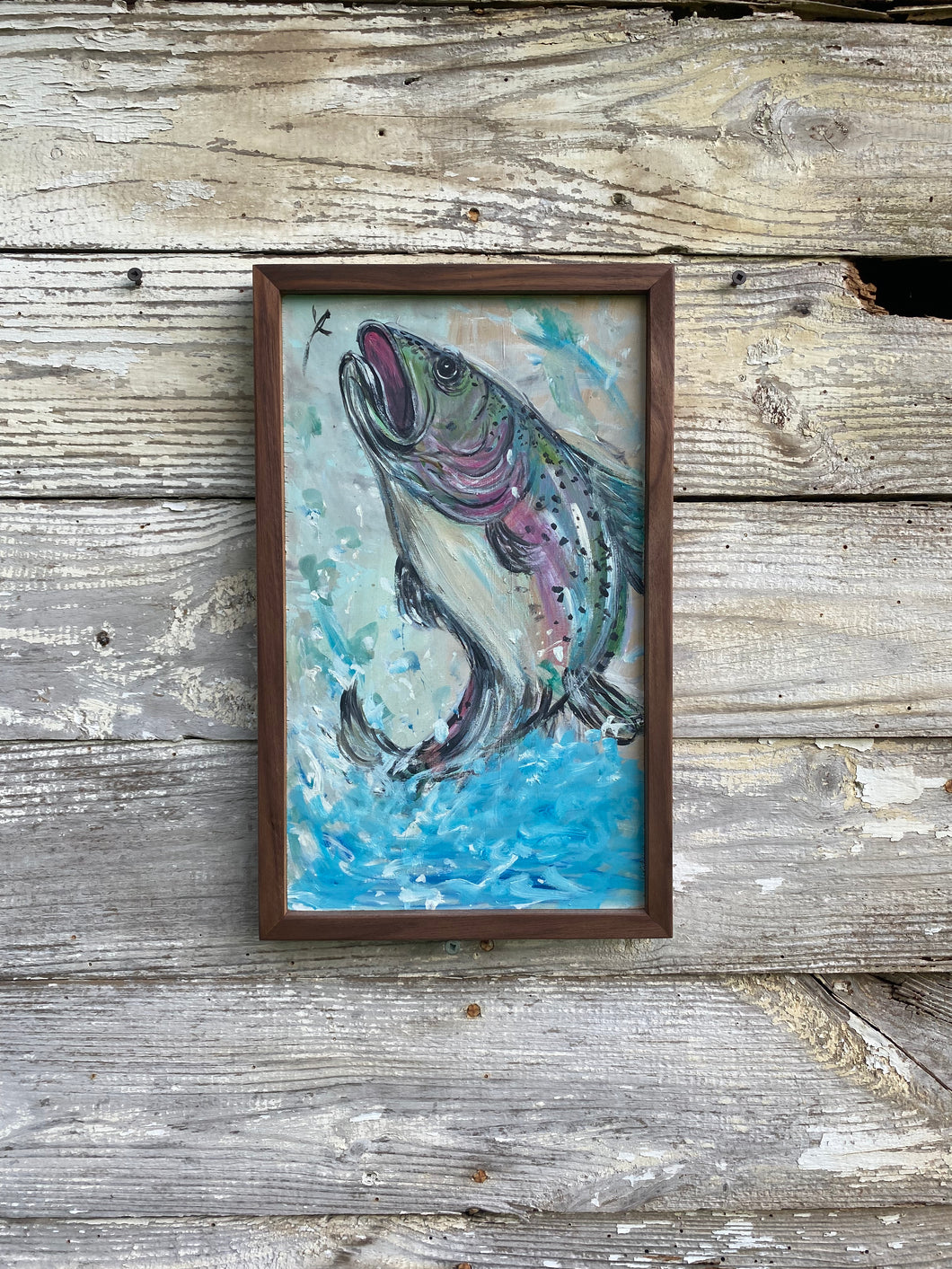LeapingTrout #6. Original painting on reclaimed wood