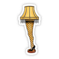 Sticker of a leg lamp with fishnet stockings and high heels on a white background