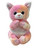 A plush cat toy with a pink, peach, and cream color-blocked pattern, featuring large black eyes, a white muzzle, and embroidered paw prints on its paws and feet.