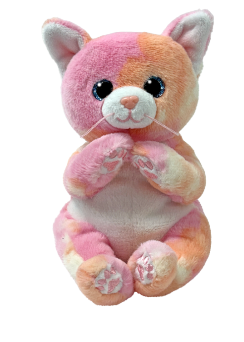 A plush cat toy with a pink, peach, and cream color-blocked pattern, featuring large black eyes, a white muzzle, and embroidered paw prints on its paws and feet.