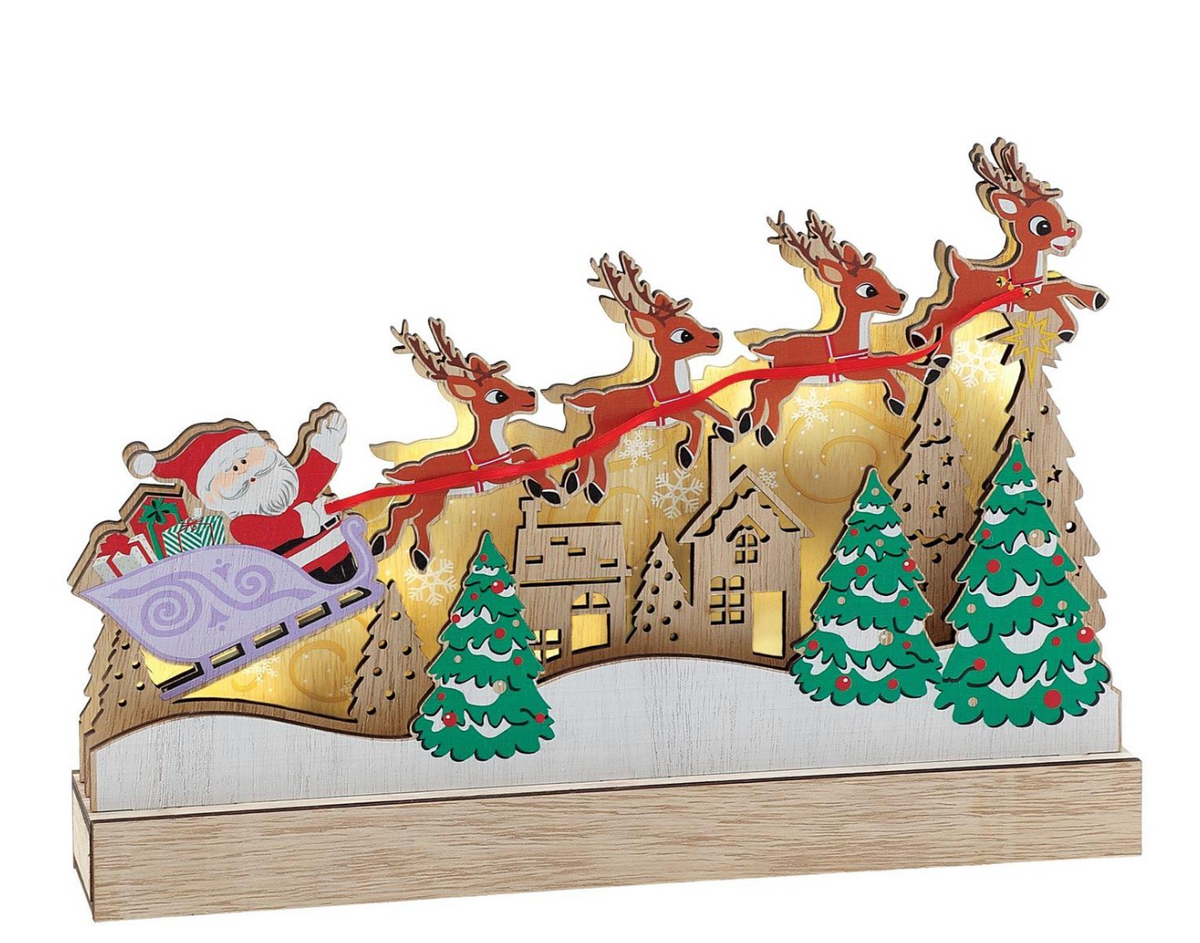 Decorative Christmas scene with Santa Claus, reindeer, and a house on a white background