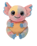A cute, soft plush toy of a winged fairy or goblin character with a pastel rainbow gradient body, pink wings, and large glittery eyes, isolated on a white background.